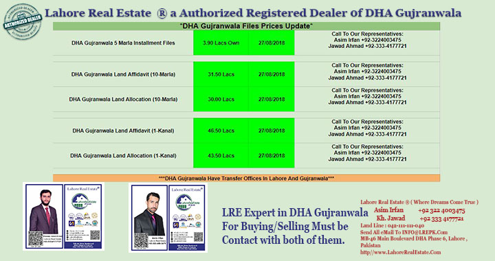 DHA Gujranwala Files Prices Update August 27, 2018